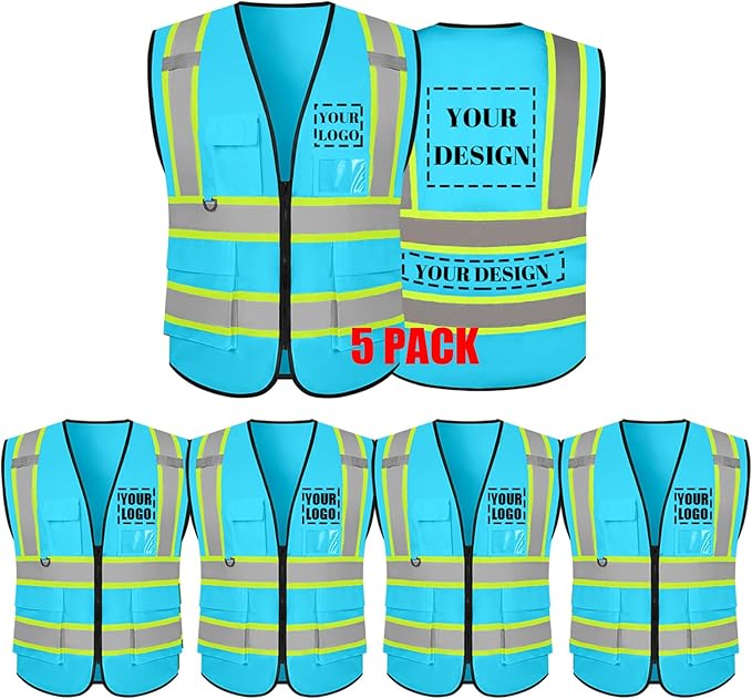 Safety Vest Reflective High Visibility with 5 Pockets ＆Zipper Class 2 Adult Unisex Construction Security Workwear
