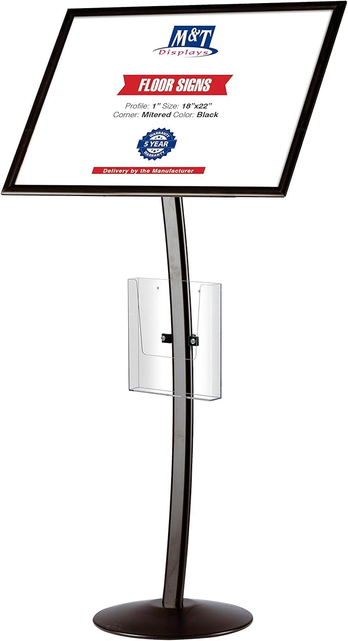 M&T Displays Curved Menu Board 18x22 Inch Pedestal Sign Holder with 8.5x11 Inch Brochure Holder Black Floor Standing Aluminum Front Loading Easy Open Poster Message Advertisement Post