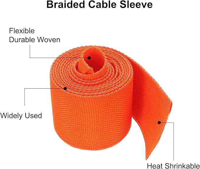 MECCANIXITY Braided Cable Sleeves Heat Shrinkable Fabric Sleeving, 1 1/4" 3ft Orange 2:1 Ratio Heat Shrinkable Cord Protector for Harness Cable, Network Cable Protection, Cable Management
