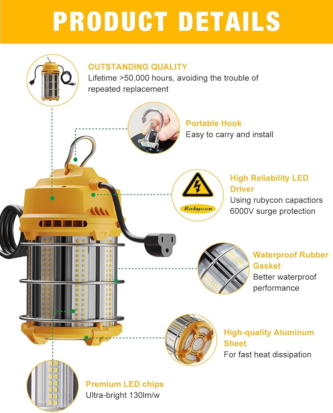 LED Temporary Work Light 100W 5000K 13,000lm, JC-LGL Outdoor Construction Lights Job Site Lighting 10ft Cord Dust Waterproof Hanging Lightin