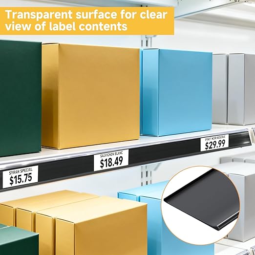 50 Pcs Shelf Label Strips, Self Adhesive Shelf Label Holder, 1.5''H x 48''L with 50 White Labels Sheets Price Tag Holder Clear Plastic Shelves Clip for Supermarket Gondola Shelving