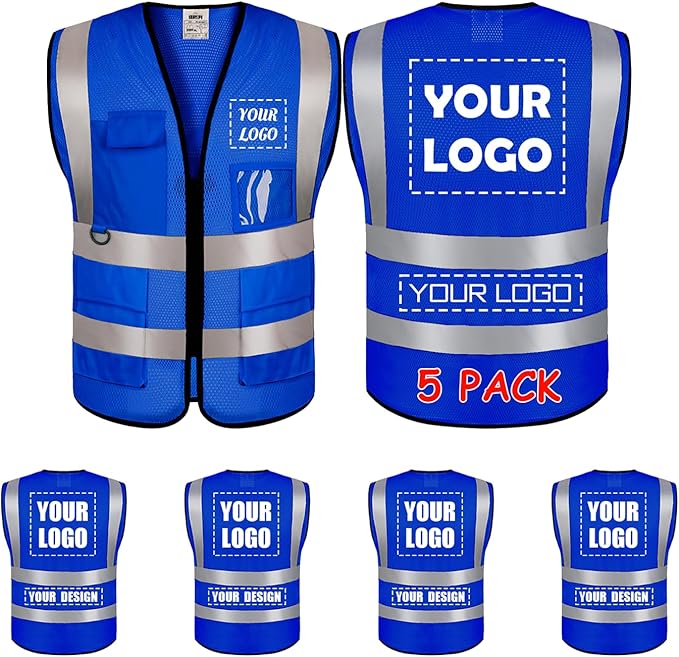 BeautyWill 5 Pack Mesh Safety Vest Custom Logo Class2 High Visibility Reflective Vest with 5 Pockets Construction Security Work Vest ANSI/ISEA Standards（Blue，3XL ）
