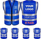 5 Pack Mesh Safety Vest Custom Logo Class 2 High Visibility Reflective Vest with Pockets Construction Security Work Vest Blue