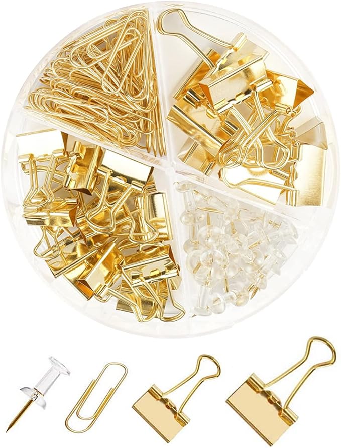 Gold Paper Binder and Clips Set, Metal Assorted Sized Binders with Push Pins, Cute Office Supplies, Teacher Desk Must Haves, Desk Accessories