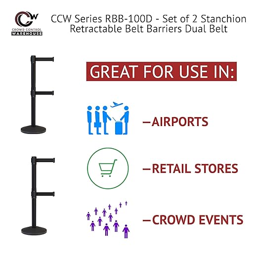 Crowd Control Warehouse CCW Series RBB-100D Set of 2 Stanchion Retractable Belt Barriers - Sloped Base, 7.5 Foot, Black Dual Belt with Black Post - Easy Assembly