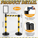 Therwen 6 Pack Heavy Duty Crowd Control Stanchions 9.8 ft Stainless Steel Stanchion Set with 6 Safety Barrier Post Retractable Belt and 1 Sign Holder Crowd Control Barrier(Stripe Belt,Yellow Black)