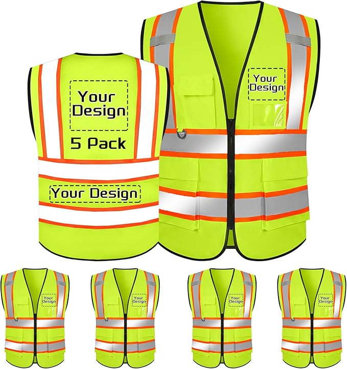 Custom Safety Vest with Logo Pockets High Visibility Reflective Vests Construction Security Workwear