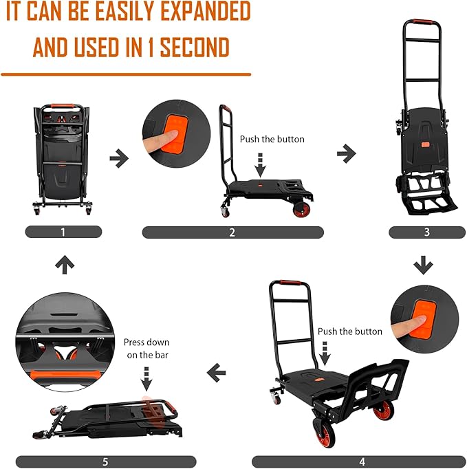 Folding Hand Truck, Dolly Cart Heavy Duty with 440lbs Capacity & 4 Wheels, Portable Hand Truck Dolly, 2in1 Transform Hand Cart, Collapsible Small Platform Cart for Home/Office/Travel Use, Easy Storage