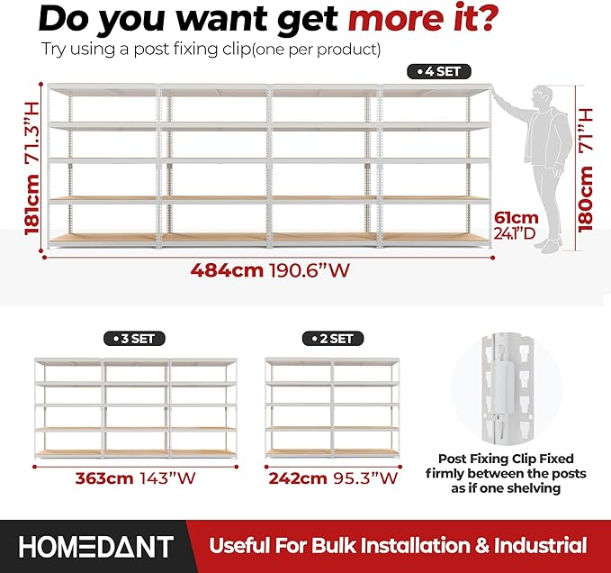 HOMEDANT 5 Tier Storage Shelves Adjustable Laminated Boltless Garage Metal Shelving Unit Heavy Duty Utility Rack Shelf Warehouse Pantry Closet Kitchen (3, (XL Deep) 48.1" W, White)