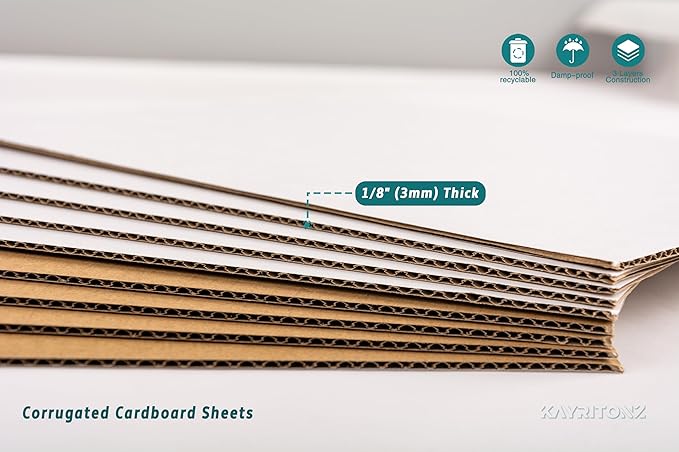 12.5x12.5 inch Corrugated Cardboard Sheets - 12" LP Record Insert Pads for Shipping, Mailing, Packaging, Art Supplies, DIY Crafts, 1/8" Thick Protective Sheets, One-Side White, 25 PCS