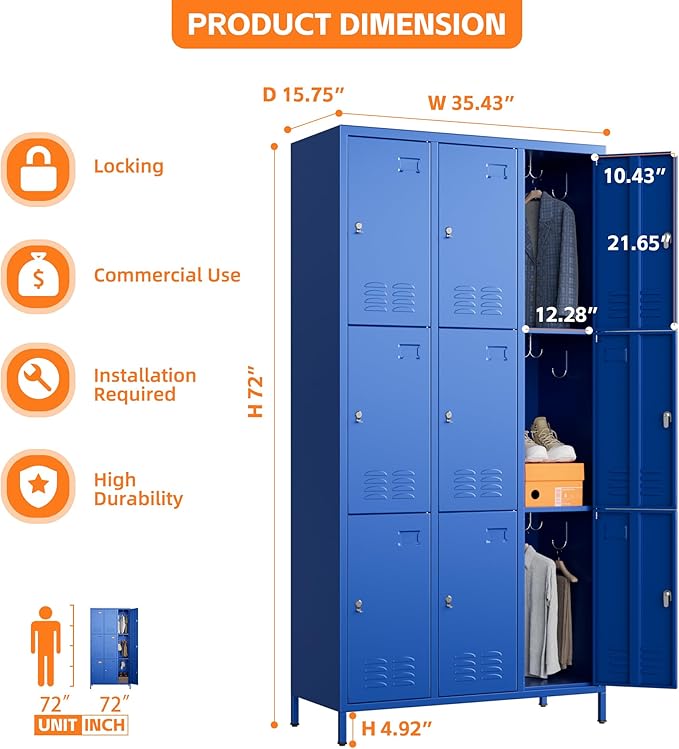 Employee Lockers with 9 Doors,Metal Locker for Employees with 27 Hooks,Metal Locker for Home Office,Assembly Required,Blue