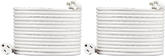 Amazon Basics Extension Cord, 13 Amps, 125V, 25 Foot, White - Pack of 2