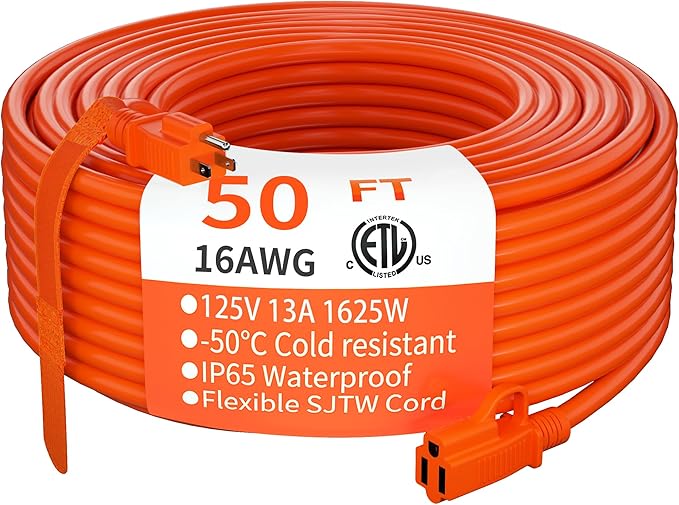 HUANCHAIN Indoor Outdoor Extension Cord 50 ft Waterproof, 16/3 Gauge Flexible Resistant Appliance Extension Cord Outside, 13A 1625W 16AWG SJTW, 3 Prong Electric Cable Orange, ETL