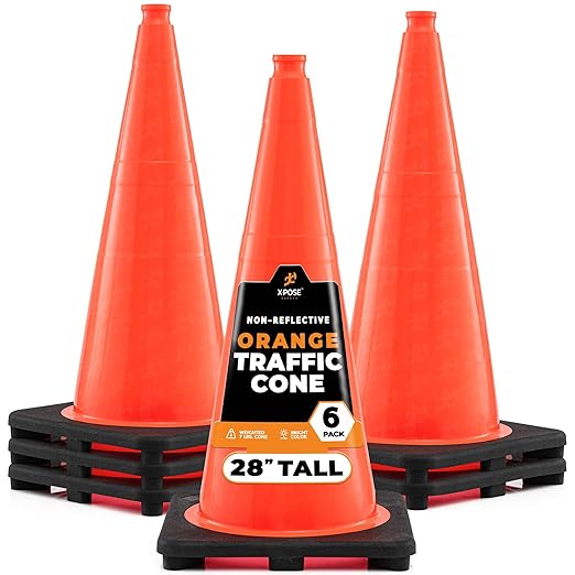 Xpose Safety 28 Inch Orange Traffic Cones, 6-Pack - Multipurpose PVC Plastic Safety Cone for Parking, Soccer, Caution, Kids and Construction - DOT Approved