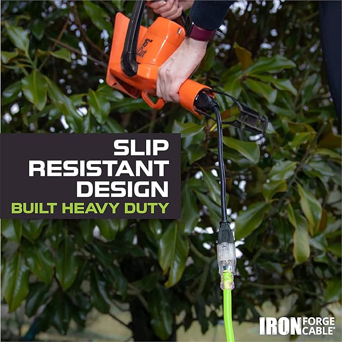 Iron Forge Cable Weatherproof 25 Ft Outdoor Extension Cord - 16/3 SJTW 13 Amp Heavy Duty Neon Green High Visibility Cable with 3 Prong - Lighted End