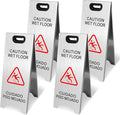 4 Pack Stainless Steel Wet Floor Sign, 24 Inch Caution Wet Floor Sign Portable Foldable Bilingual Safety Warning for Hotel Market Restroom Restaurant Office (Silver)