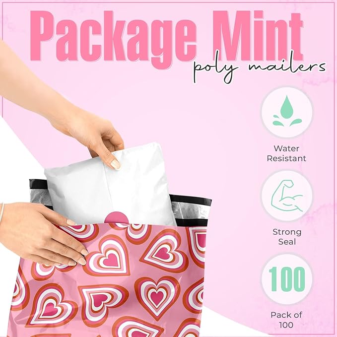 10x13 Poly Mailers – Cute Hearts – Waterproof, Tear-Resistant Shipping Bags with Adhesive Seal – 100 Pack – Package Mint