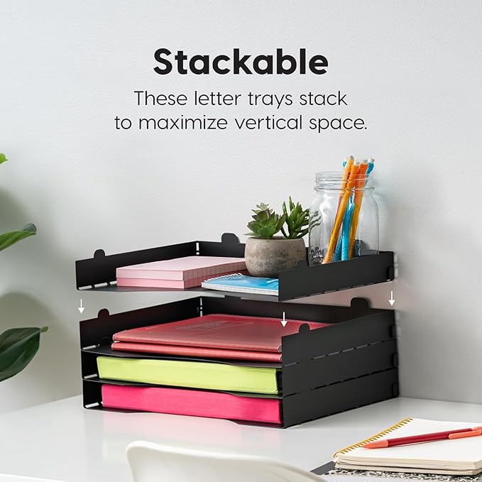 IRIS USA Metal Letter Tray Paper Organizer, 4 Pack, for Letter/A4 File Holder Paperwork Document, Stackable Desktop File Organizer Tray Paper Basket Rack for Office Supplies Home Work, Black