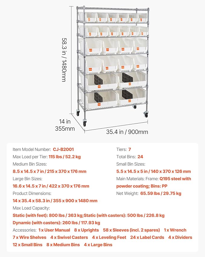 VEVOR 7-Tier Rolling Bin Storage Rack, 24 Organizer Bins, Bin Rack Storage Steel Wire Shelving System with Wheels, Mobile Tool Organizer for Garage, Warehouse, Office, Restaurant, Classroom, Kitchen