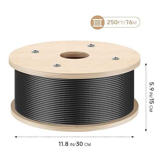 3/16" Black T316 Stainless Steel Cable, 250FT Marine Grade Black Wire Rope Aircraft Cable, 1x19 Strands for Deck Railing, Balcony, Fence, and DIY Balustrades