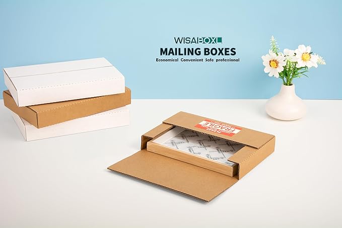9x6x1.3 inch Shipping Boxes, Easy-Fold Multi-Depth DVD Mailer Box with Fragile Stickers for Mailing, Storing, Package, Gifts, Crafts, Business or Home, Brown, 25 Pack