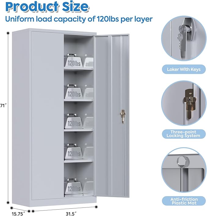 Metal Garage Storage Cabinet, Steel Lockable File Cabinet with 2 Doors and 4 Adjustable Shelves for Office Home Closet, Storage, Assembly Required, Gray, 71" H