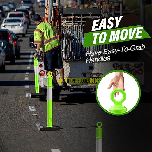 RoadHero 45 Inch Delineator Post with Base, Portable Lime Green Traffic Delineator Posts Cones with Reflective Collars for Parking Lots, Road Safety, Construction Events 3 Pack