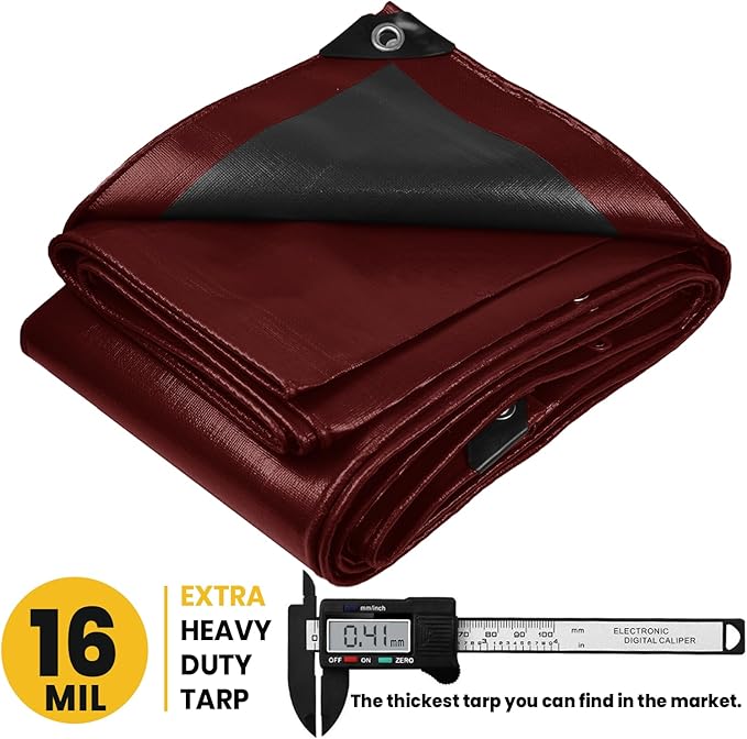 PROTARP Extra Heavy Duty 16 Mil Tarp Cover, Waterproof, UV Resistant, Rip and Tear Proof, Poly Tarpaulin with Reinforced Edges for Roof, Camping, Patio, Pool, Boat. (Maroon/Black 30′ X 40′)