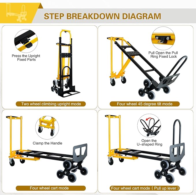 3 in 1 Heavy Duty Industrial Convertible Hand Truck Dolly,1000 LBS Capacity Aluminum Dolly Hand Truck for Stairs,Stair Climbing Hand Trucks with Rubber Wheels for Moving,Transport(Yellow)
