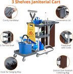 Heavy Duty Janitorial Cleaning Cart on Wheels – 3 Shelves, 220 Lbs Capacity, Cover & Large Vinyl Bag – Utility Housekeeping Caddy for Hotels, Schools, Apartments and More