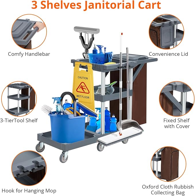 Heavy Duty Janitorial Cleaning Cart on Wheels – 3 Shelves, 220 Lbs Capacity, Cover & Large Vinyl Bag – Utility Housekeeping Caddy for Hotels, Schools, Apartments and More