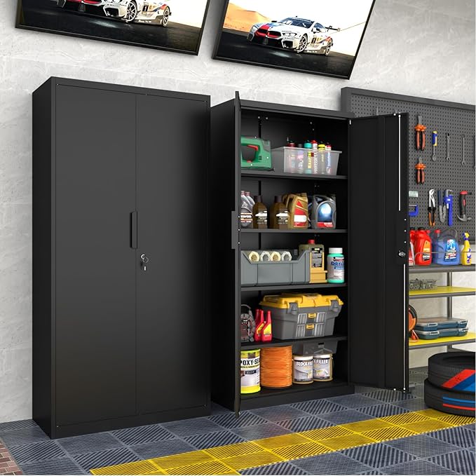 Metal Garage Storage Cabinet with Lock, 72" Tall Steel Storage Locker with 4 Adjustable Shelves, Heavy Duty Metal Cabinet for Garage, Office, Home, Black