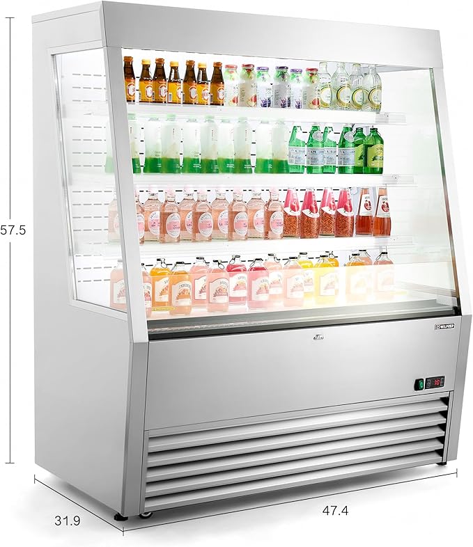 Wilprep Commercial Display Refrigerator, 47" Open Air Merchandiser with 16 cu. ft. Volume LED Lighting Night Curtain, Grab and Go Display Refrigerator Showcase for Store Cafe Bar Shop