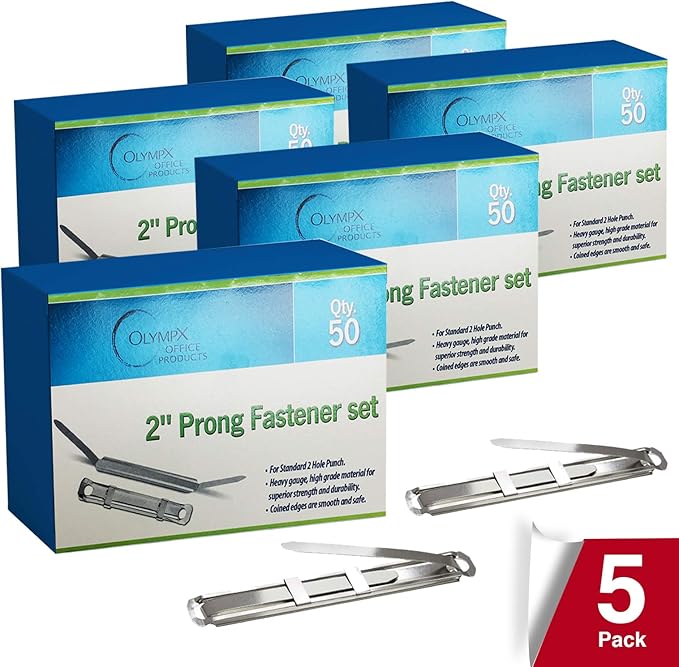 OLYMPX 250 Pcs of 2? Capacity Premium Metal Prong Paper Fastener Complete Set, 2.75 Inch Base with Standard 2-Hole Punch Compressor for Paper File Folder, Pack of 5 Boxes, 50 per Box