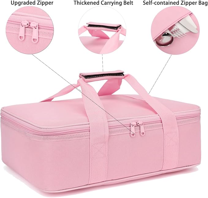 Insulated Casserole Carrier Bag - Large Portable Hot and Cold Food Storage Tote with Handles Thermal Bag for Parties, Picnics, Camping, Travel,Fits 9"x13" Baking Dish, Travel,Pink