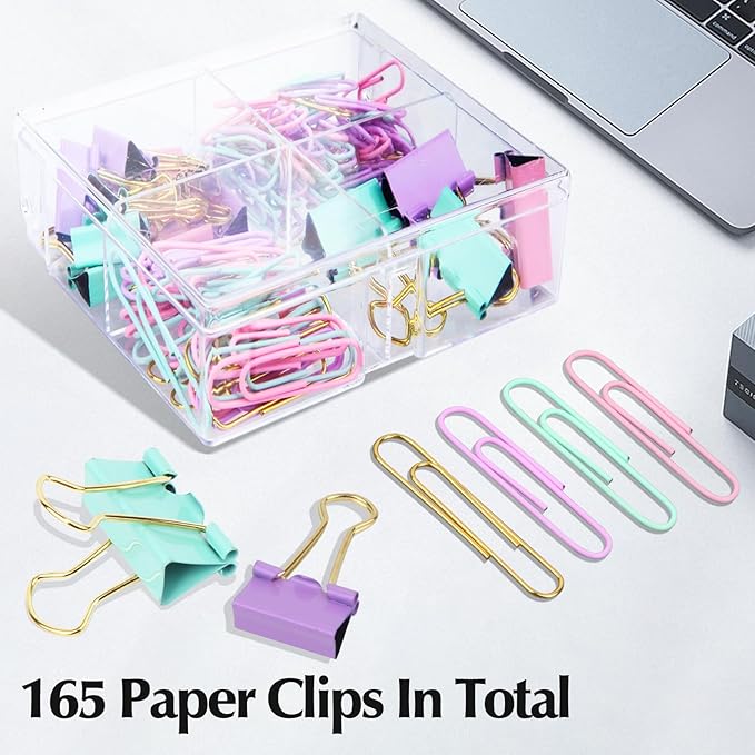 Cute Paper Clips Binder Clips Combo Set, 165 Psc, Assorted Size Paper Clips for Office, Cute Office Supplies Set, Purple (Colorful)