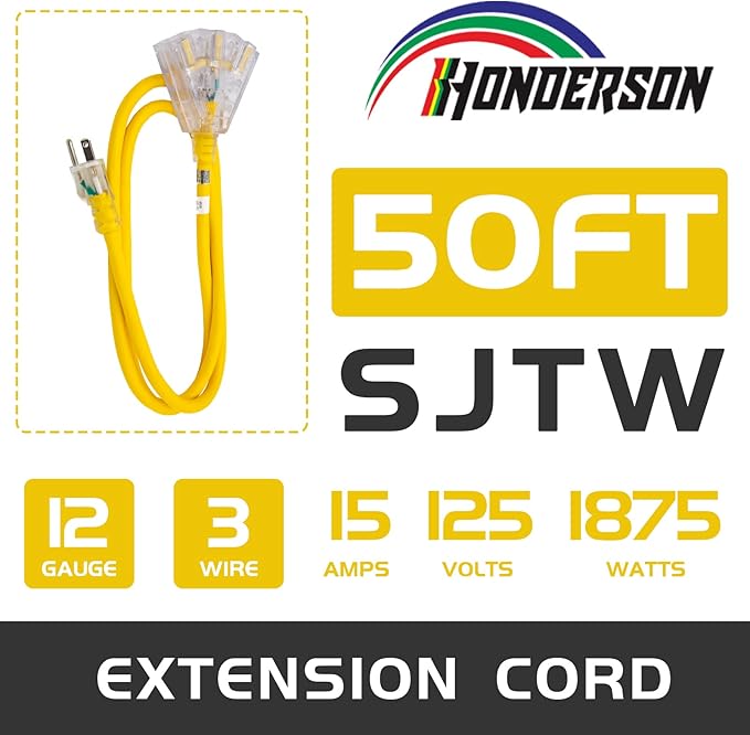 3-Outlets Indoor Outdoor Extension Cord Weatherproof with Lighted End, UL Listed, 12 Gauge 50FT Yellow 3 Prong Heavy Duty, 12/3 SJTW 15A Extension Cord
