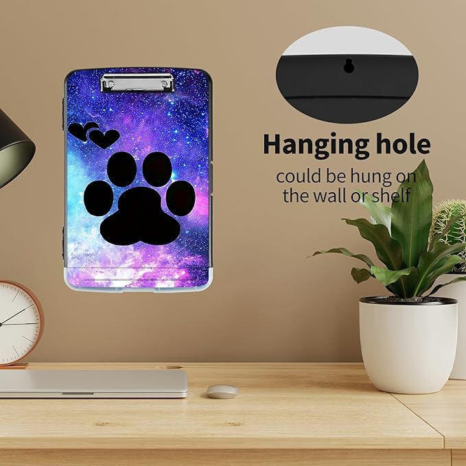 Clipboard with Storage High Capacity Plastic Nursing Clipboards with Pen Holder File Folder Storage Box Clipboard with Heavy Duty Clips for Teacher,Doctor,Offices-Animals Dog Paws Galaxy