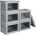 Decorative Bins with Lids - Stackable Cube Bins for Closet, 5 Pack Clear Windows Fabric Organizer Bins, Home Organizers and Storage for Clothes, CD, Towels, Grey