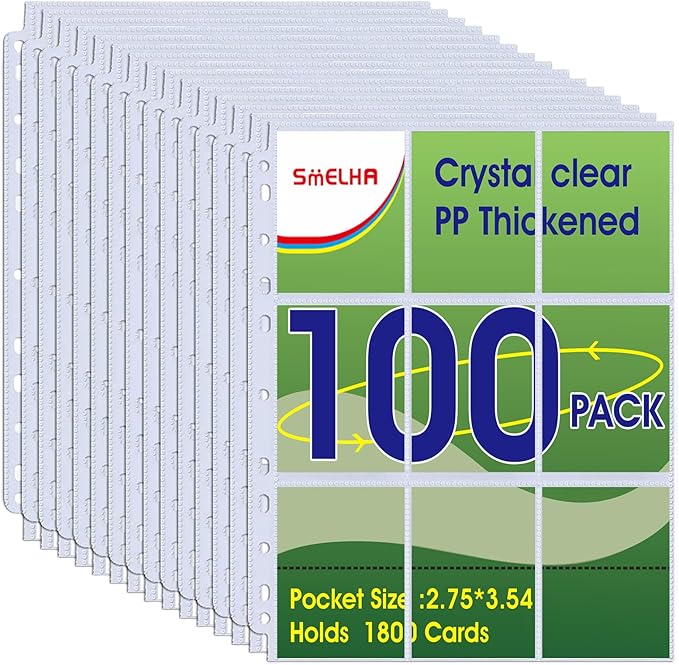 9 Pocket Page Protector, Holds 1800 Cards,Trading Card Sleeve, Baseball Card Sheets or Skylanders, MTG, Coupon, Game Cards, Trading Cards, Football Cards ，100 Pack
