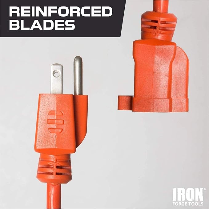 Iron Forge Cable Weatherproof 10 Ft Outdoor Extension Cord - 16/3 SJTW 13 Amp Heavy Duty Highly Visible Orange Extension Cord 3 Prong - Lighted End