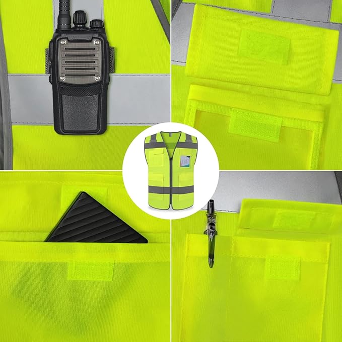 TCCFCCT Hi Vis Vest 5 Pockets High Visibility Reflective Safety Vest for Men Women, Neon Construction Vest with Horizontal Strip for Walkie-talkie & ID Card, Meets ANSI/ISEA Standards, T5-Yellow, 3XL