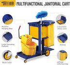 TUFFIOM Multifunctional Janitorial Cart with Key-Locking Cabinet,Cleaning Carts on Wheels,with 15 Gallon Collection Bag,500 lbs Capacity, Yellow&Blue