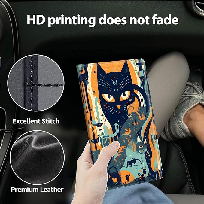 Car Registration and Insurance Holder, Leather Car Glove Box Organizer, Cool Car Accessories for ID, Driver's License Cards & Essential Document,business cards,Men&Women,Black Cat