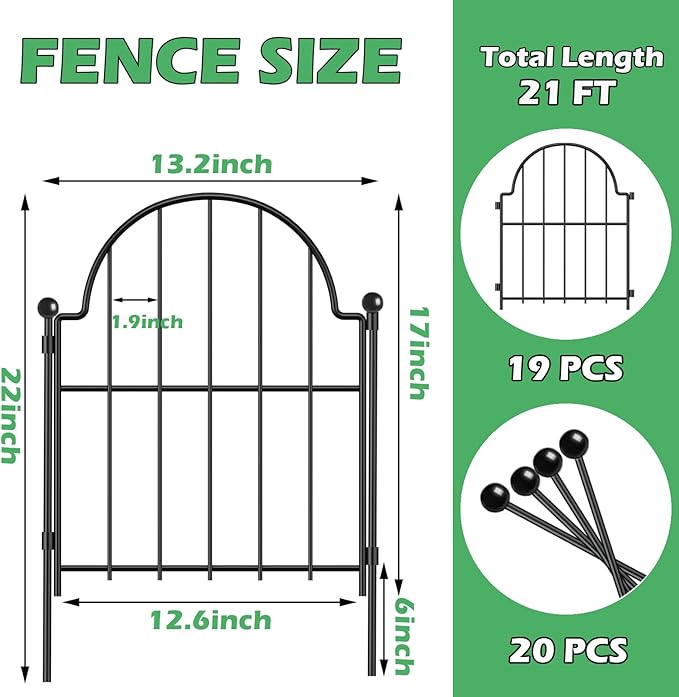 Garden Fence, 22 in(H) x 21 ft(L) Arched Rustproof Metal No Dig Fence Garden Fence Border, Ground Stake Animal Barrier Fence for Rabbit Dog, Outdoor Landscape Decor for Yard & Patio,19 Pack