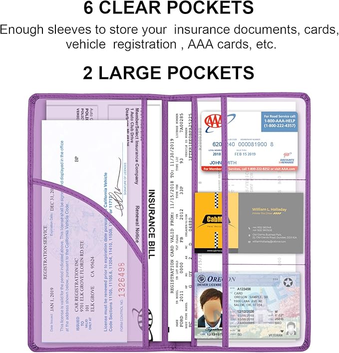 Cacturism Car Registration and Insurance Card Holder, Vehicle Glove Box Car Organizer Women Car Accessories with Magnetic Shut for Cards, Essential Document, Driver License, Purple