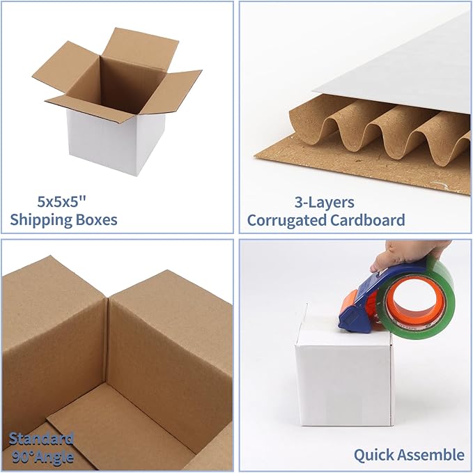 Hoikwo 5x5x5 Shipping Boxes Set of 25, White Corrugated Cardboard Box for Small Business for Packaging Mailing