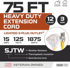 IRON FORGE CABLE 75 Foot Lighted Outdoor Extension Cord with 3 Electrical Power Outlets - 12/3 SJTW Heavy Duty Yellow Extension Cable with 3 Prong Grounded Plug for Safety, 15 AMP