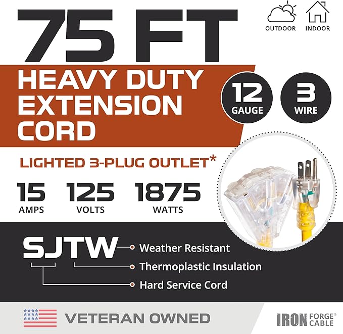 IRON FORGE CABLE 75 Foot Lighted Outdoor Extension Cord with 3 Electrical Power Outlets - 12/3 SJTW Heavy Duty Yellow Extension Cable with 3 Prong Grounded Plug for Safety, 15 AMP