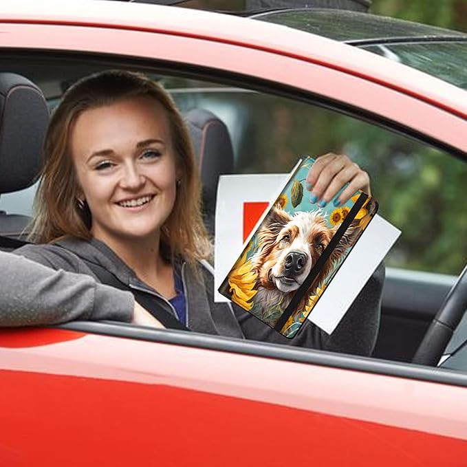 Car Registration and Insurance Holder, Leather Car Glove Box Organizer, Cool Car Accessories for ID, Driver's License Cards & Essential Document,business cards,Men&WomenDog Sunflower